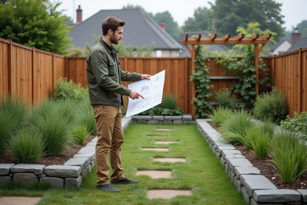Jeune homme planifiant son jardin avec des plantes ornementales