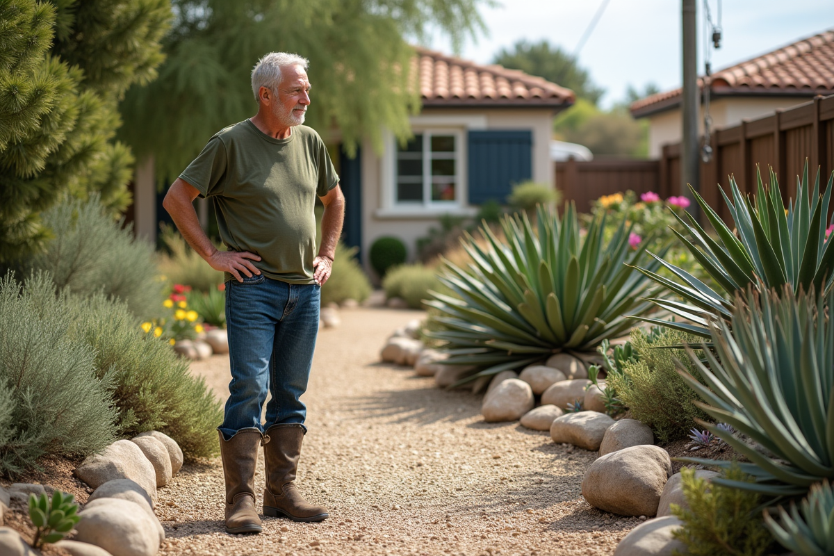 Homme âgé observant un jardin de rocaille avec plantes résistantes à la sécheresse