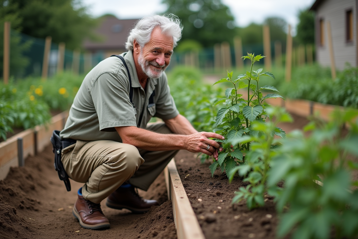 Homme âgé inspectant ses légumes dans un jardin extérieur