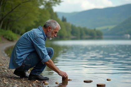 Homme d'&acirc;ge moyen pr&egrave;s d'un lac avec objets flottants