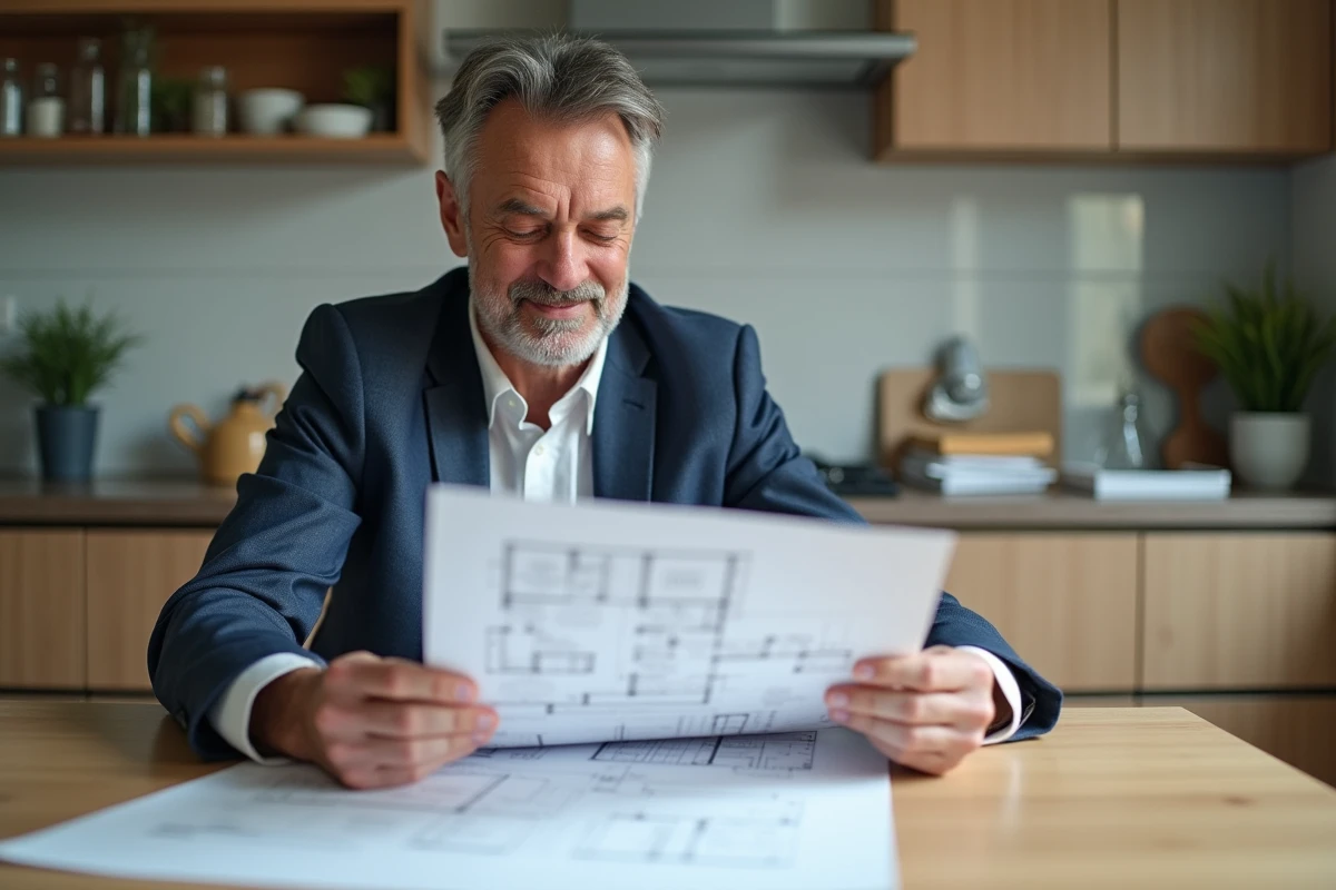 Homme d'âge moyen lisant plans et documents chez lui