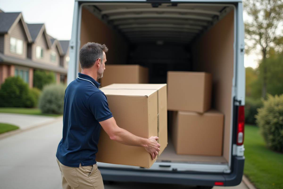 Homme soulevant un carton dans une cour devant un van