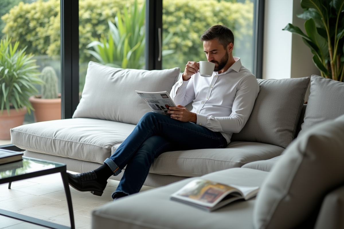 Homme sirotant un café sur un canapé U avec table en verre