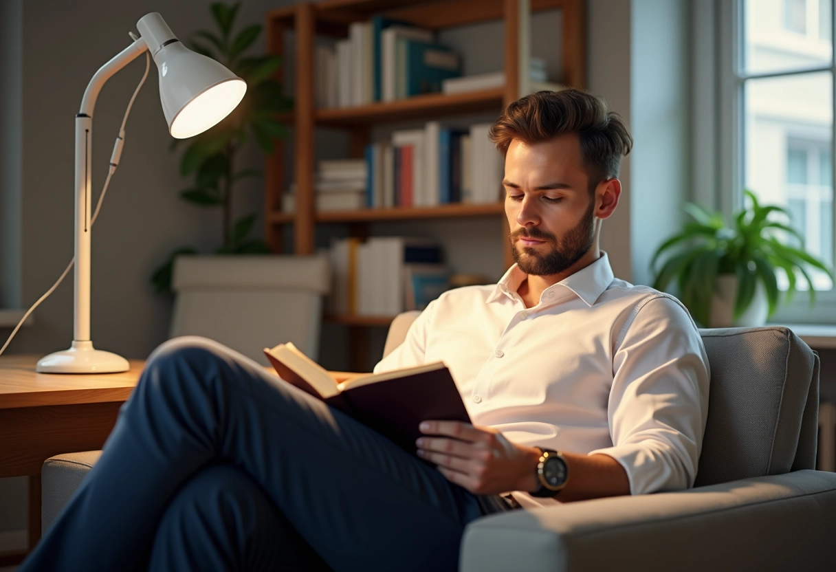 Jeune homme lisant sous une lampe halogen dans un bureau cosy