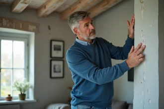 Homme regardant des traces de condensation sur un mur intérieur