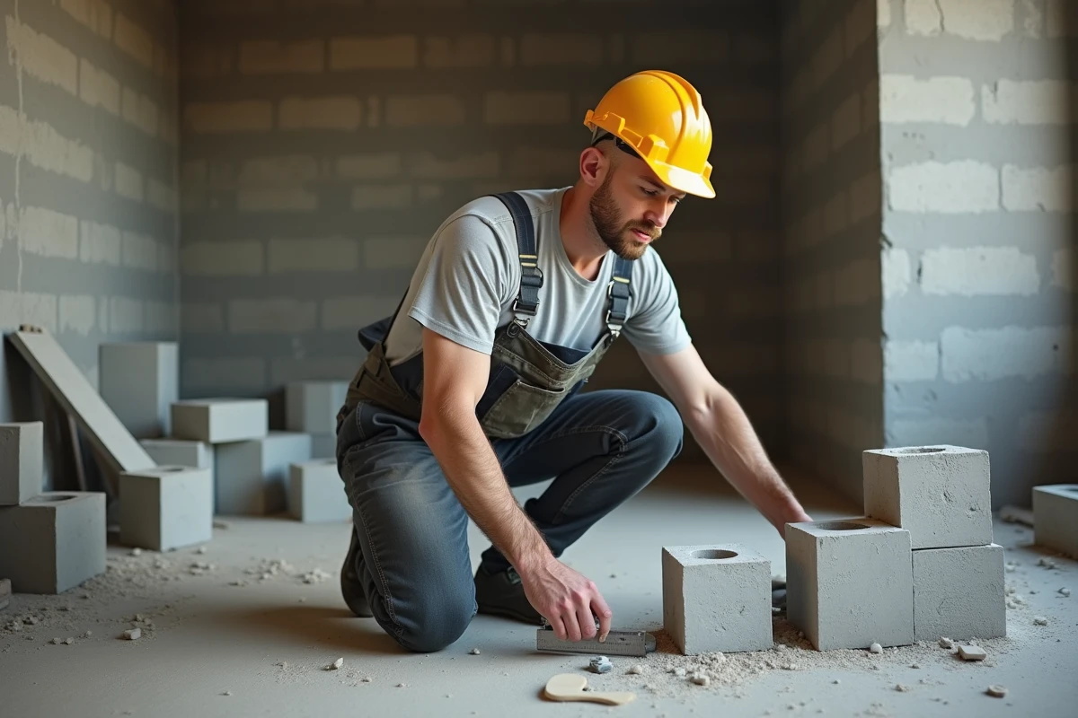 Ouvrier mesurant une brique en construction