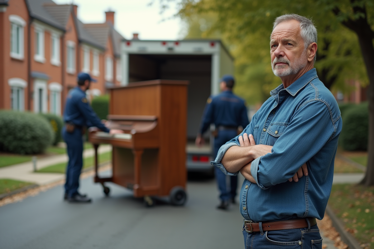 Homme inquiet regardant des déménageurs portant un piano dans la rue