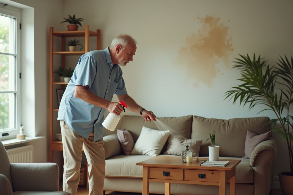 Homme âgé nettoyant un mur dans un salon chaleureux