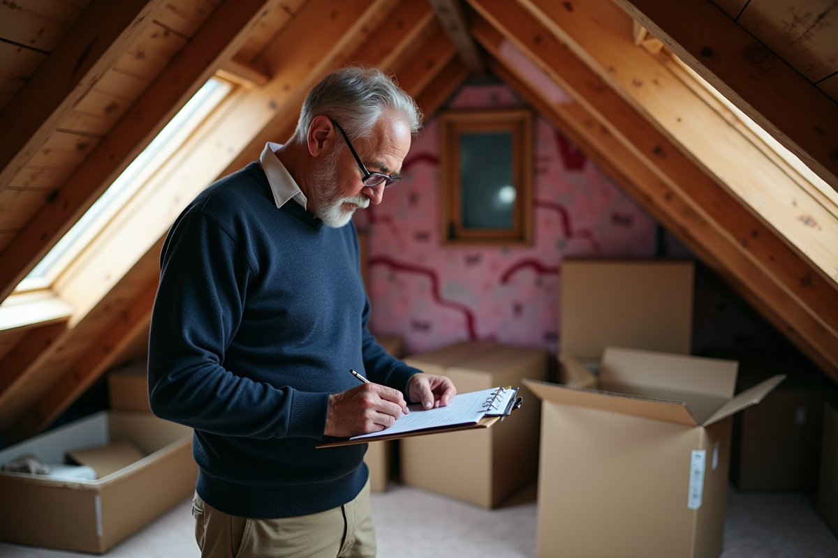 Homme prenant des notes dans un grenier encombré