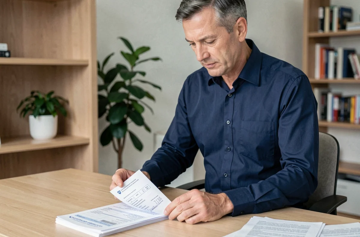 Homme organisant des documents officiels pour justificatif de domicile dans un bureau à domicile