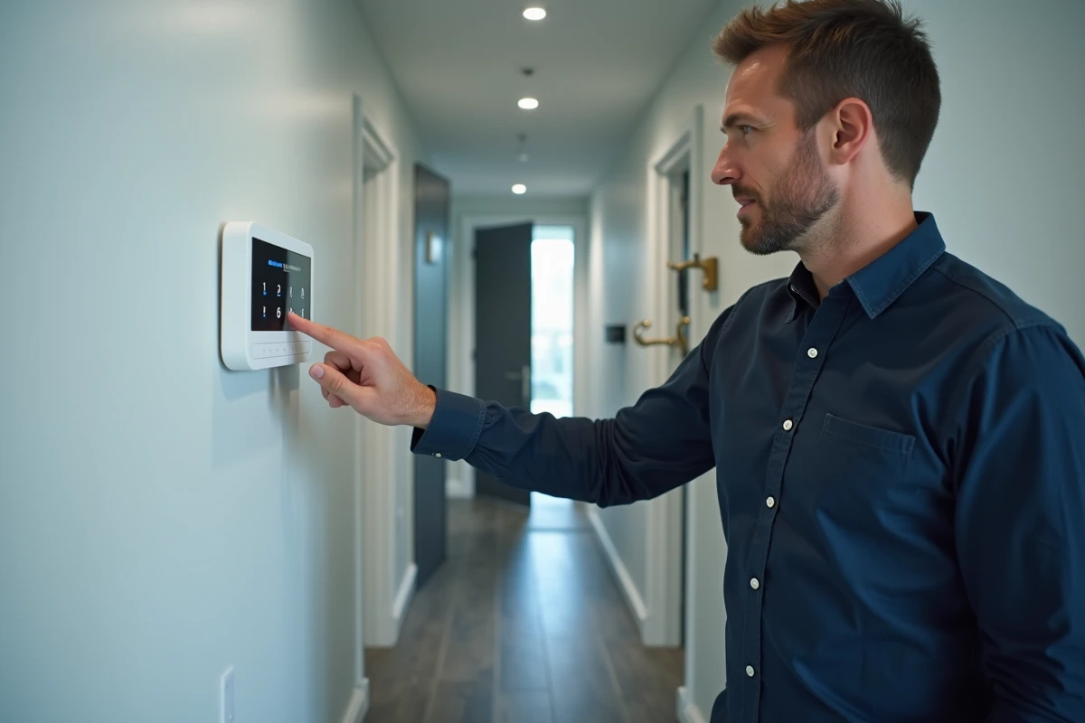 Homme configurant un panneau d'alarme Verisure dans un couloir pour optimiser son abonnement de télésurveillance