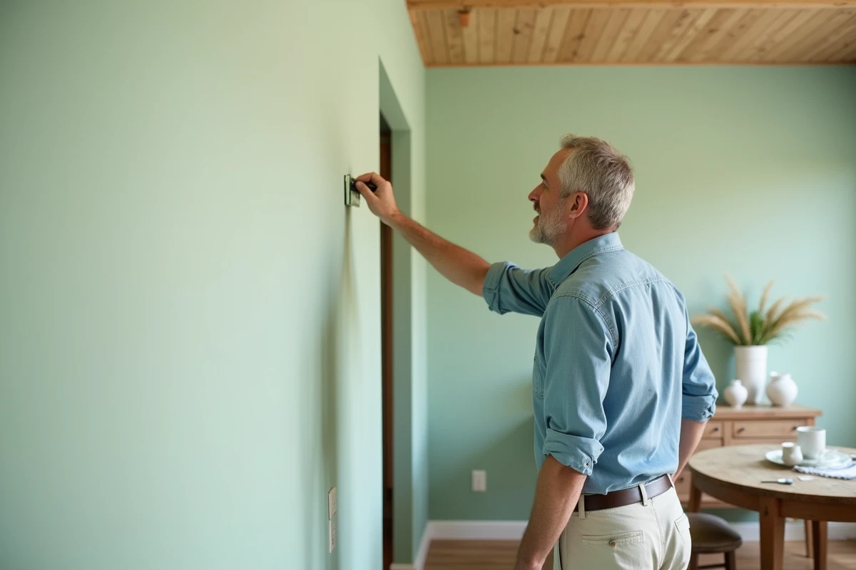 Homme peignant un mur vert dans une salle &agrave; manger lumineuse