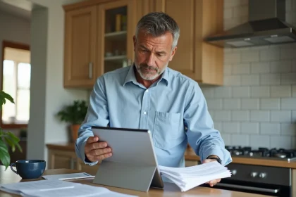 Homme concentr&eacute; examinant des devis de peinture dans la cuisine