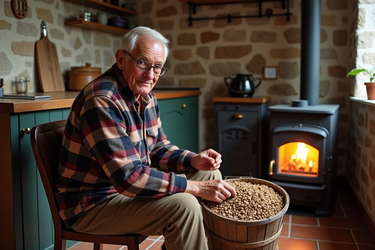 Homme âgé près d’un poêle à pellets dans une cuisine rustique