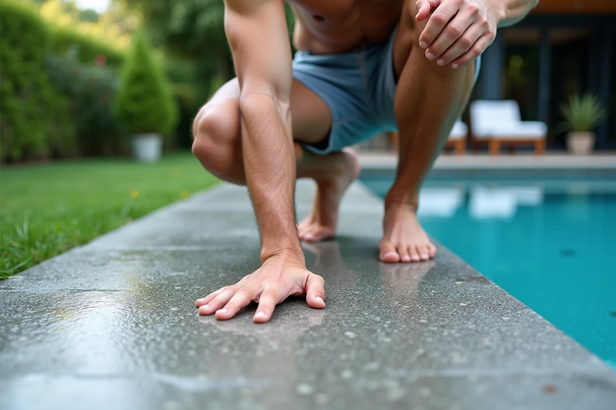 Homme d'âge moyen près de la piscine en béton texturé
