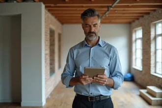 Homme d'âge moyen examinant des devis de rénovation