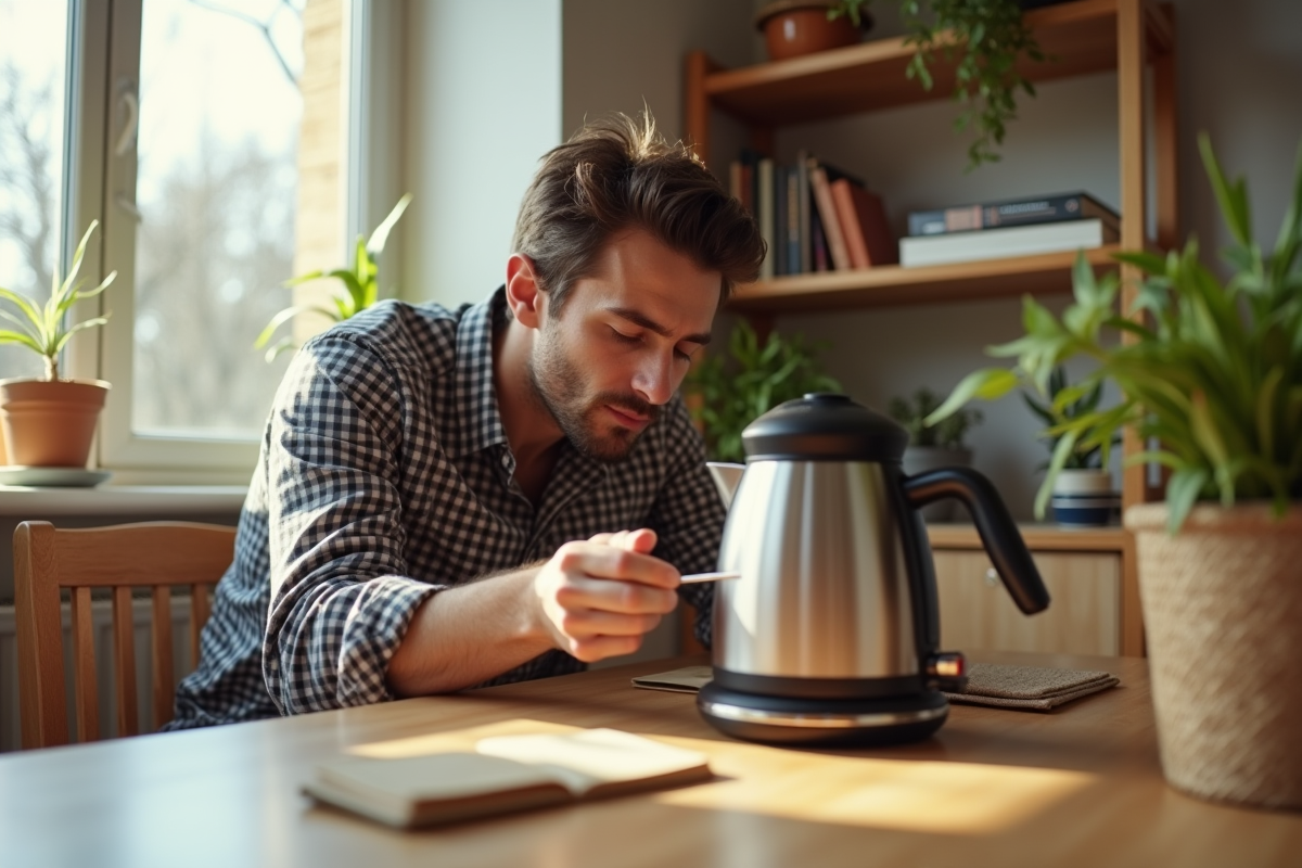 Jeune homme répare une bouilloire dans la salle à manger