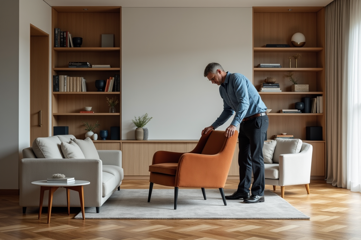 Homme ajustant un fauteuil en velours dans un appartement lumineux