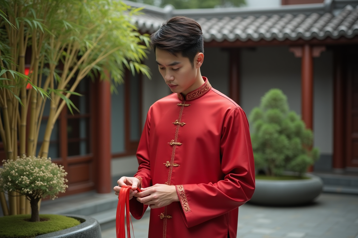 Homme en chemise rouge décorant une plante porte-bonheur en extérieur