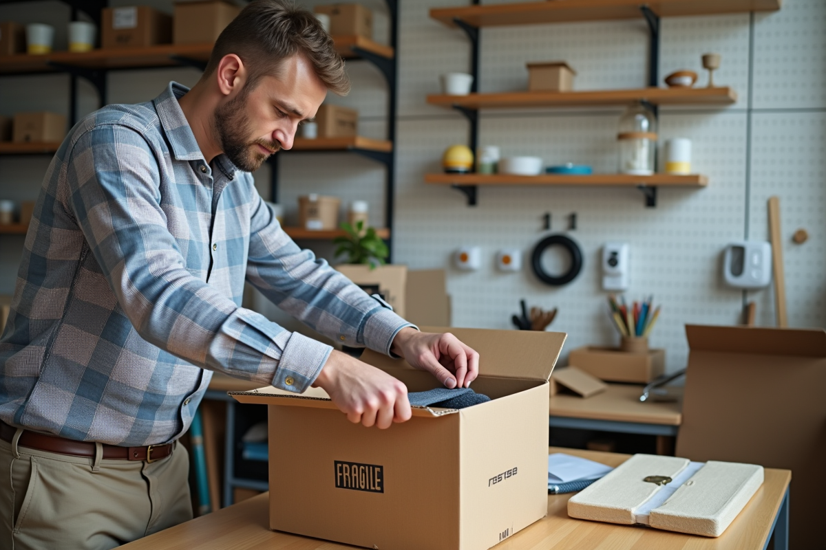 Homme scellant un carton fragile dans un atelier organisé