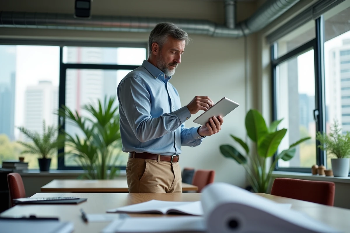 Homme étudiant des plans architecturaux sur une tablette dans un espace de coworking