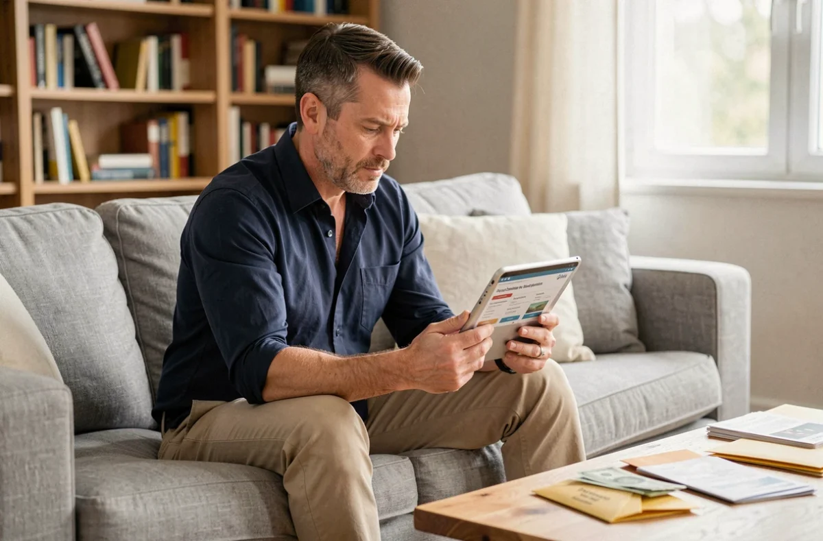 Homme consultant un comparateur d'assurance habitation sur tablette assis dans un salon moderne