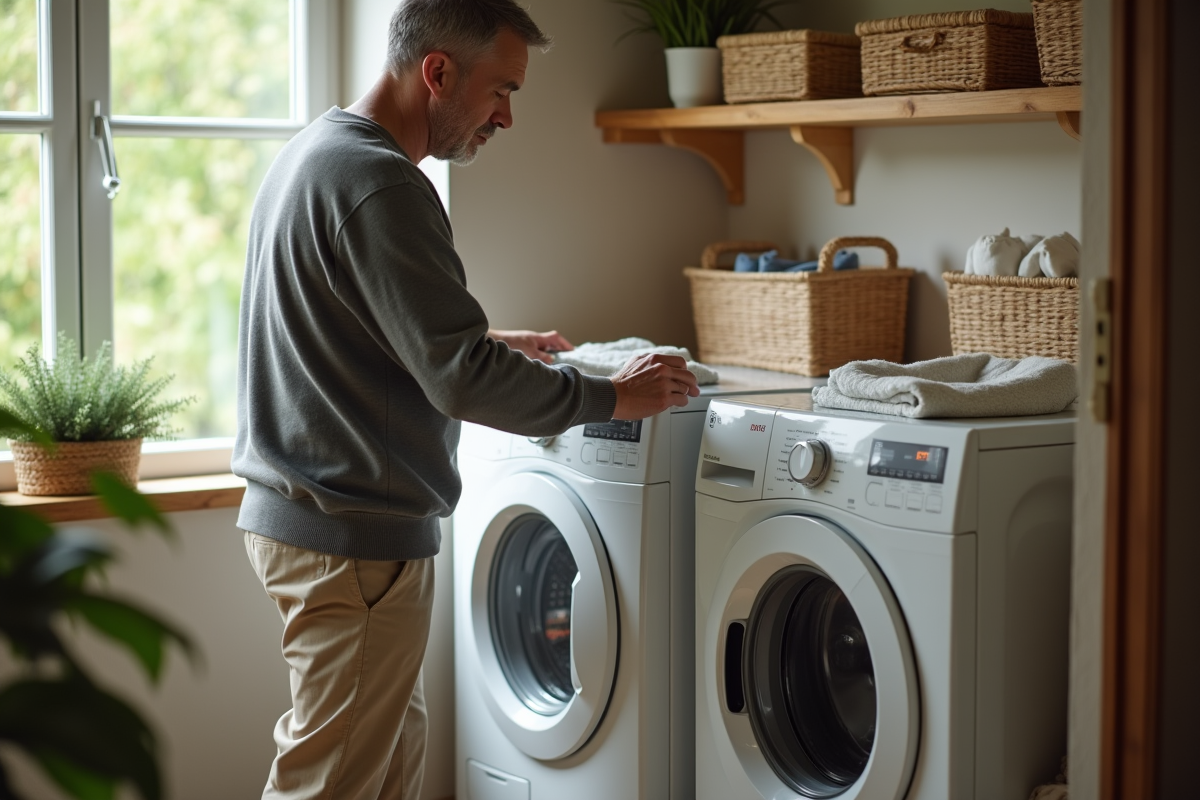 Homme transférant du linge dans une buanderie chaleureuse