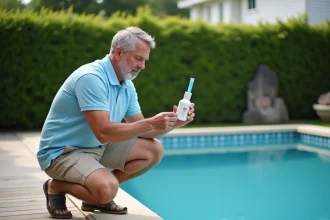 Homme vérifiant la qualité de l'eau de la piscine dans un jardin