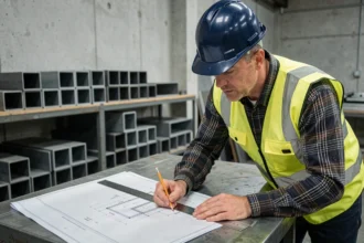 Ingénieur en structure analysant des plans de calcul de résistance pour tubes carrés en fer dans un atelier industriel