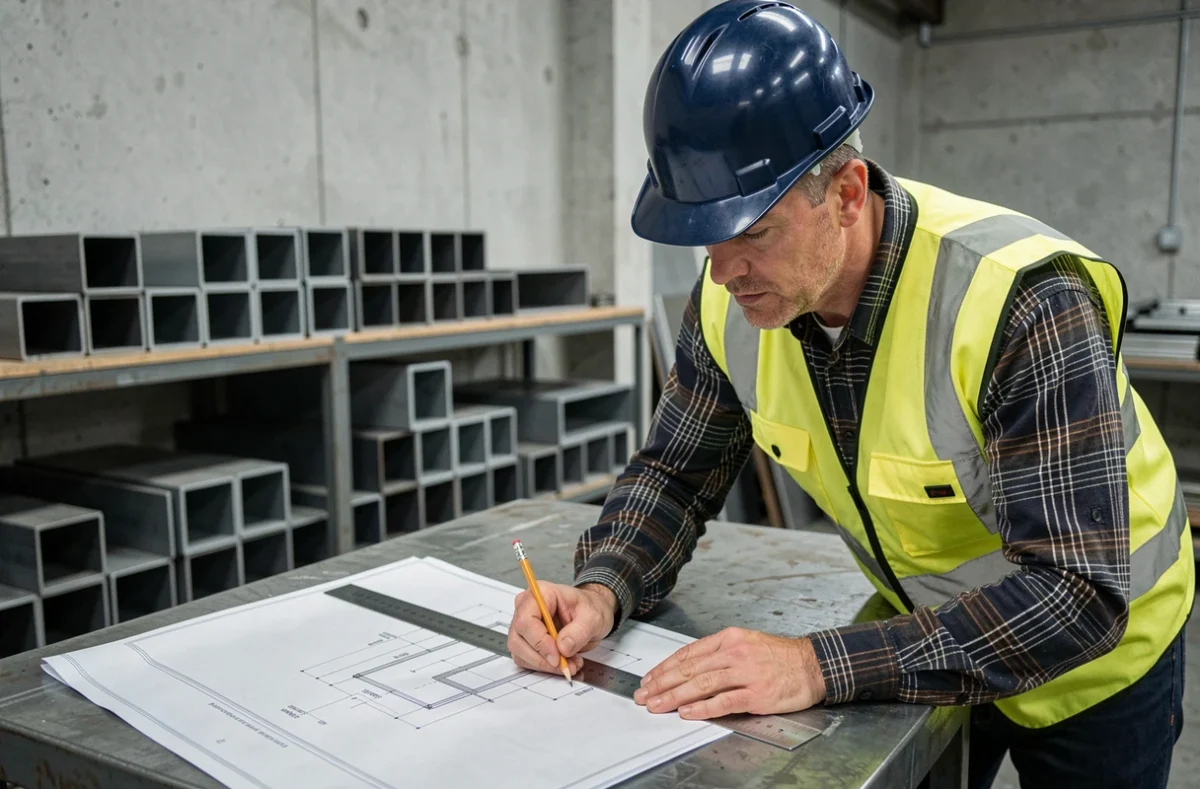 Ingénieur en structure analysant des plans de calcul de résistance pour tubes carrés en fer dans un atelier industriel