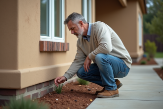 Homme inspectant la base d'une maison en extérieur