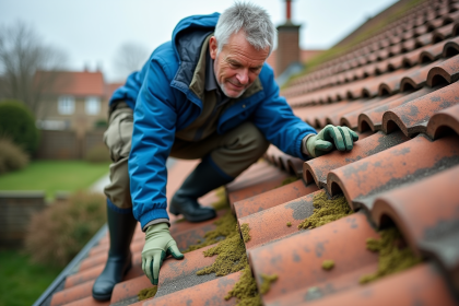Homme inspectant un toit en tuiles avec algues vertes