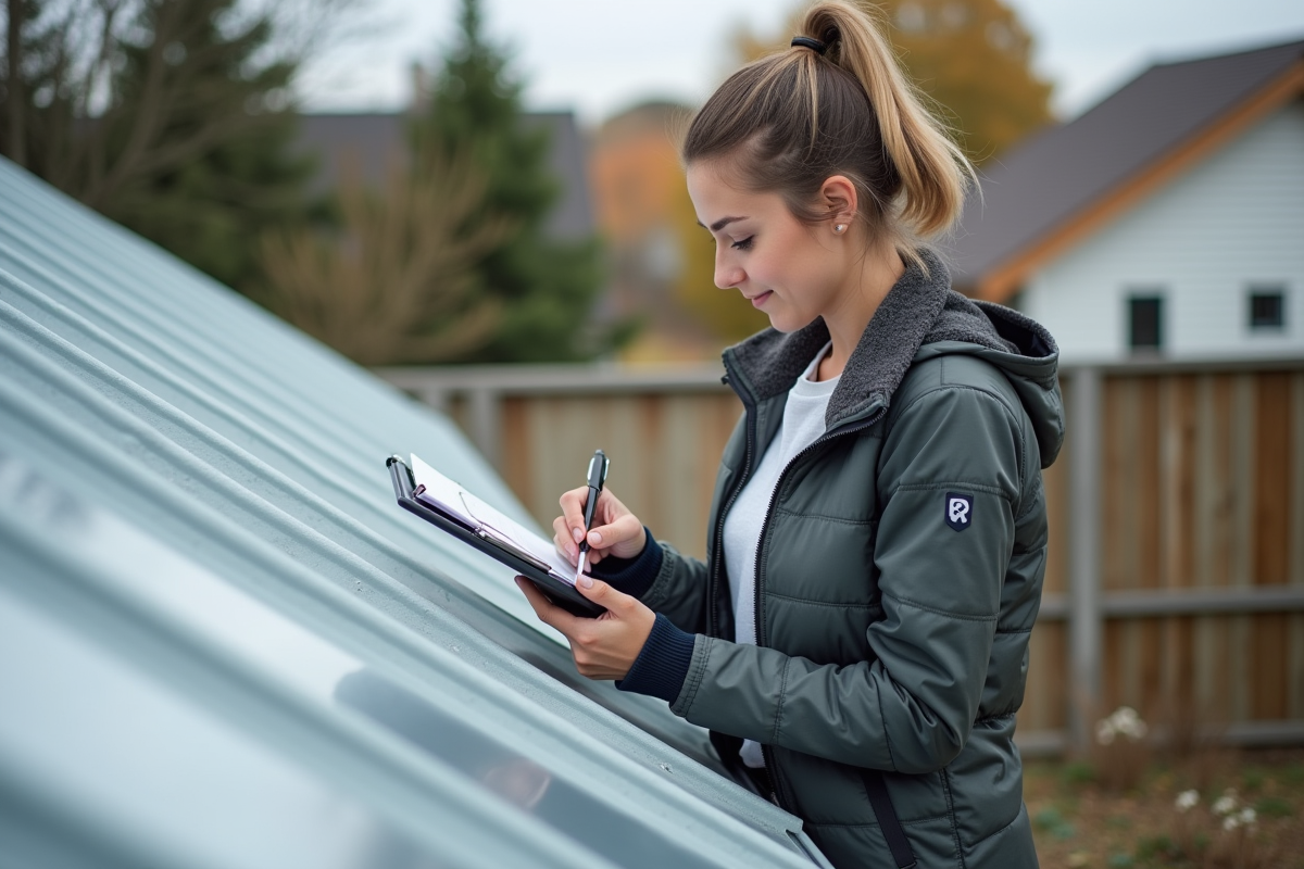 Jeune femme inspectant un toit en métal dans un quartier résidentiel