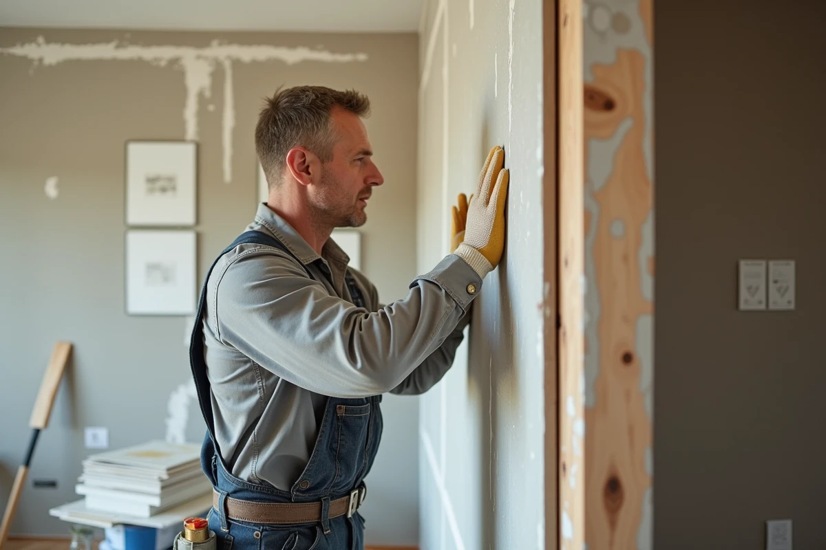 Homme en tenue de travail posant une plaque de platre composite sur un mur