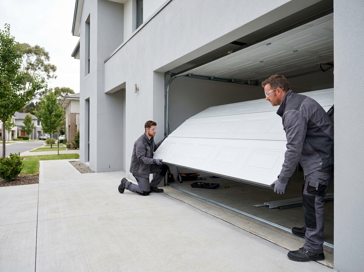 Deux ouvriers installant une nouvelle porte de garage sectionnelle blanche sur une maison moderne