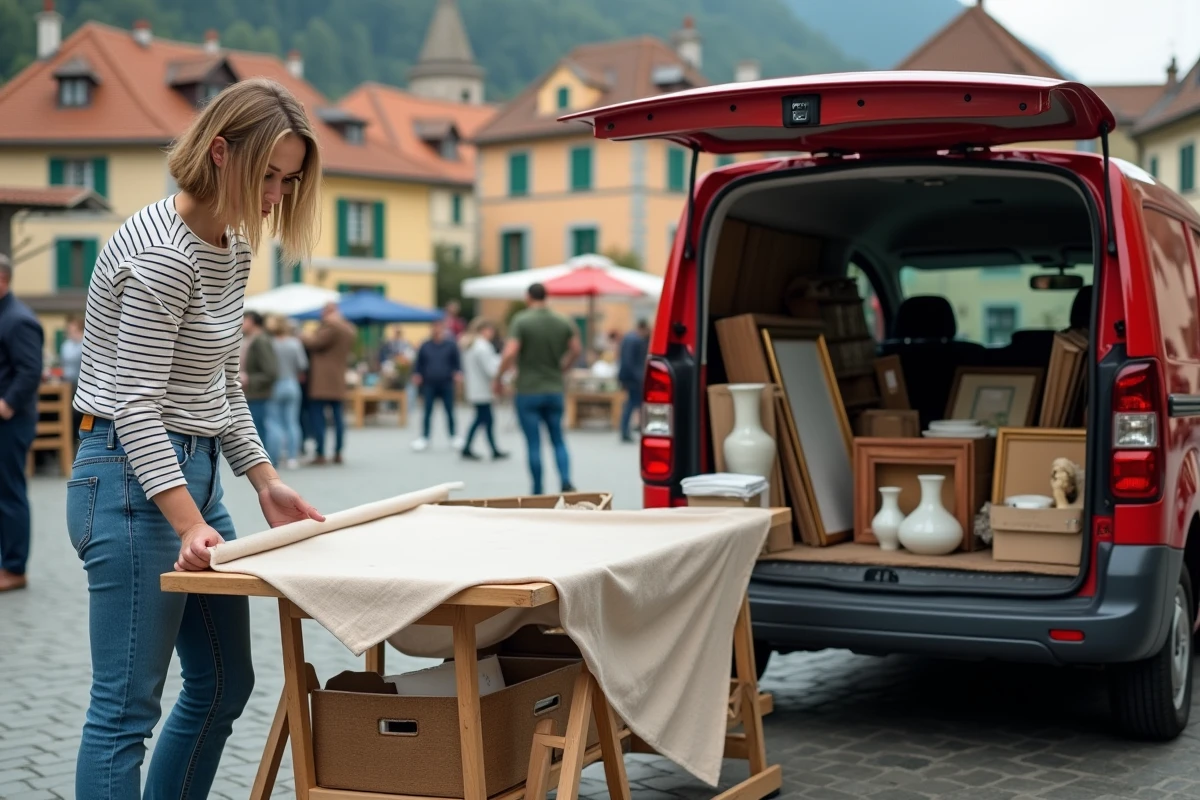 Installation matinale d'un stand de vide grenier dans une place pittoresque d'Annecy avec architecture savoyarde