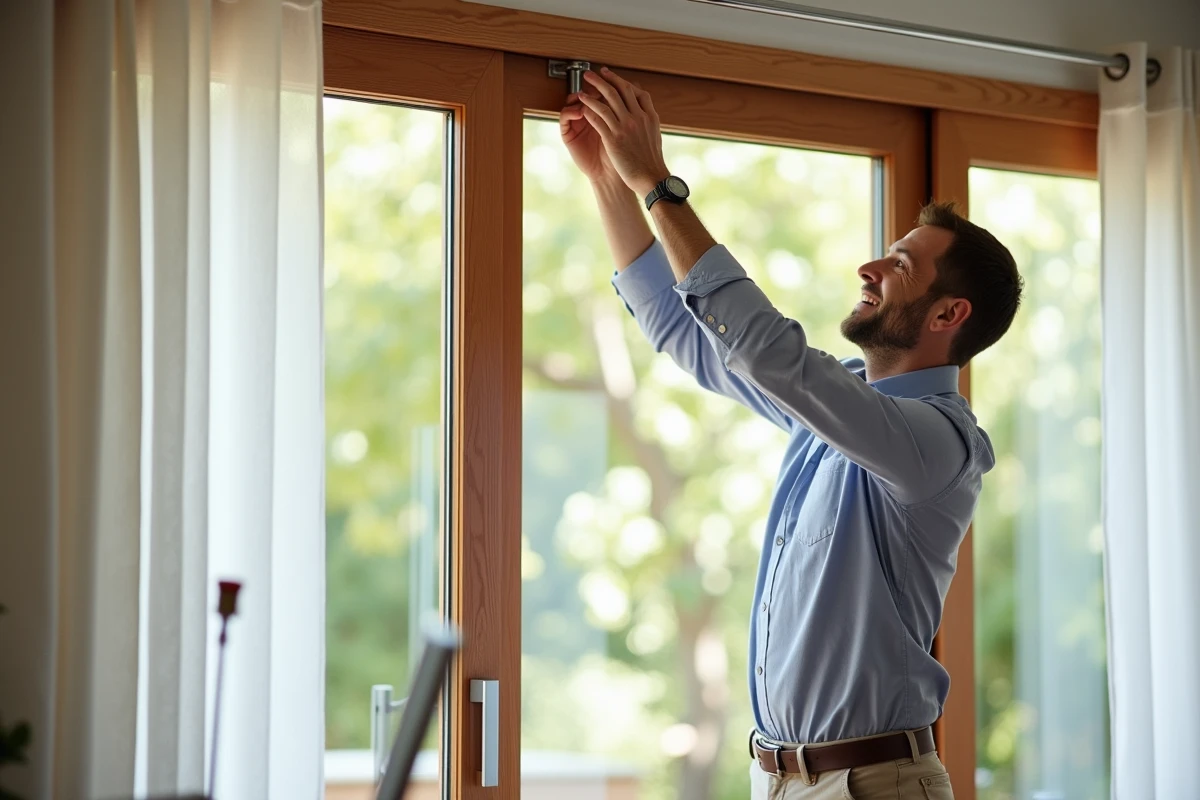 Homme montrant la fixation discr&egrave;te d une tringle &agrave; rideau