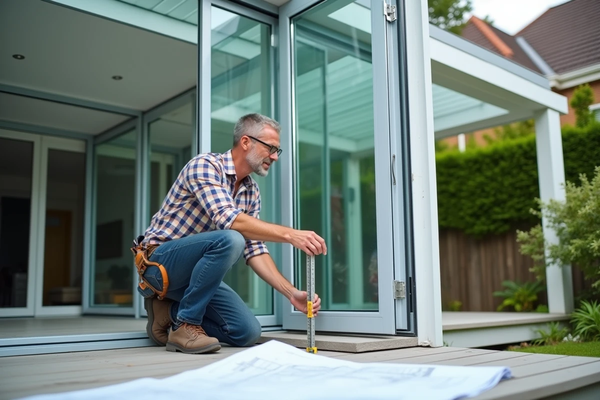 Professionnel installant une véranda en aluminium avec pose d'un panneau de verre et mesures précises dans un jardin résidentiel