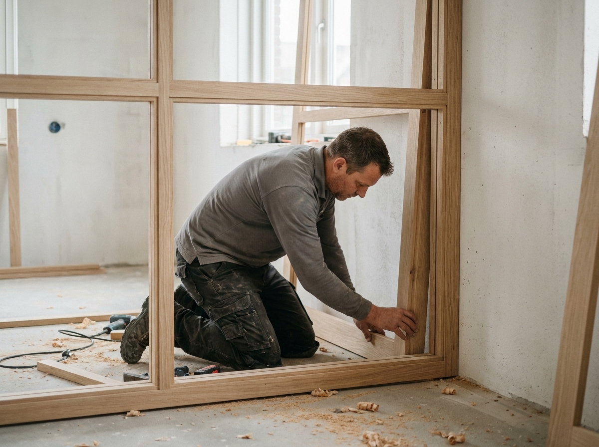 Artisan en train d'installer une verrière en bois dans un appartement en rénovation contemporaine