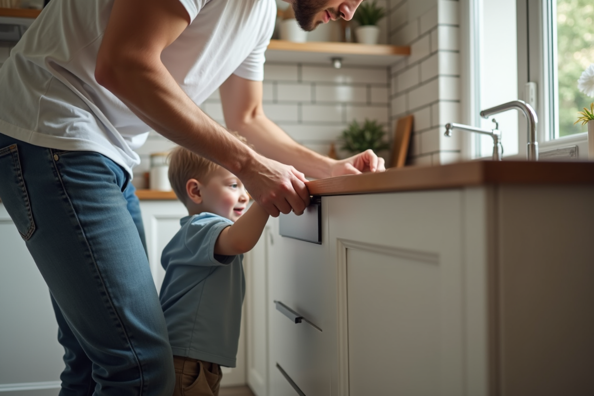 Père jeune installant des verrous de sécurité dans une cuisine moderne avec son enfant