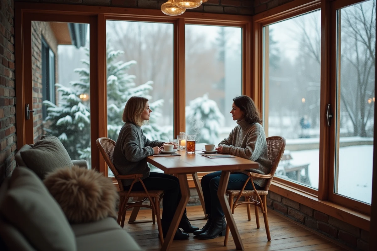 Femme profitant de sa véranda quatre saisons chauffée en hiver avec vue sur le jardin enneigé depuis l'intérieur