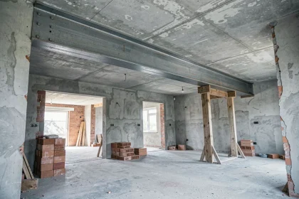 IPN métallique installé en travers d'une ouverture structurelle lors d'une extension de maison, vue grand angle de chantier intérieur