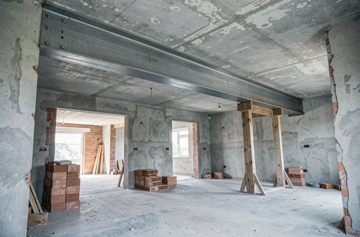 IPN métallique installé en travers d'une ouverture structurelle lors d'une extension de maison, vue grand angle de chantier intérieur