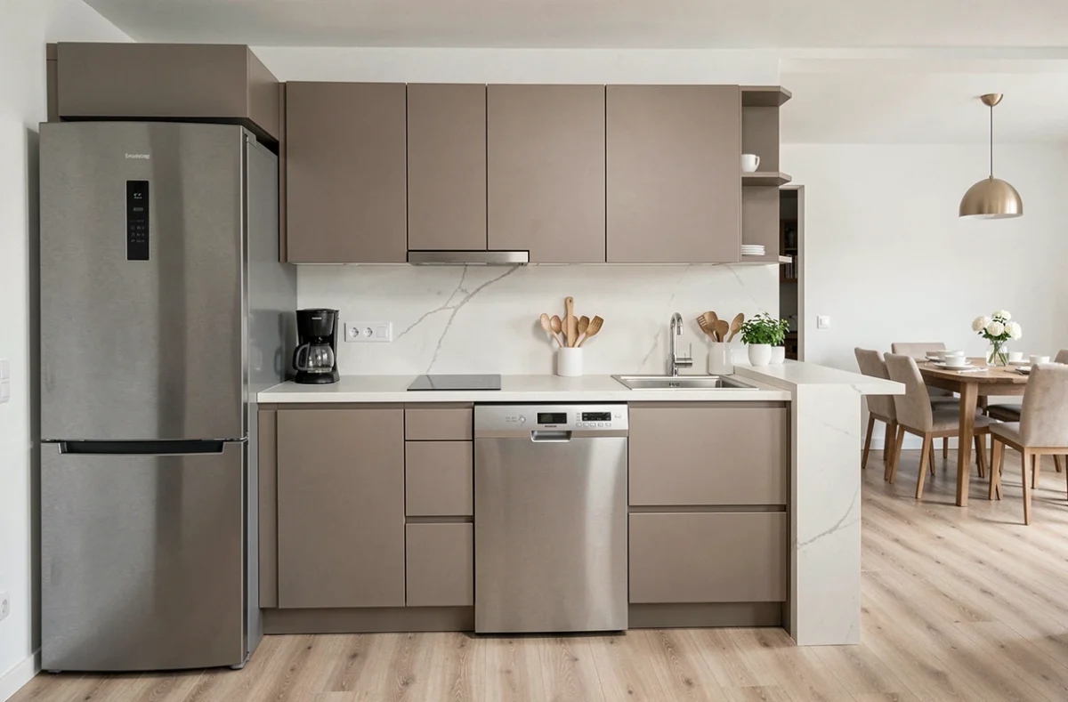Cuisine Ixina à Strasbourg milieu de gamme avec électroménager intégré assorti et cabinetry taupe satiné