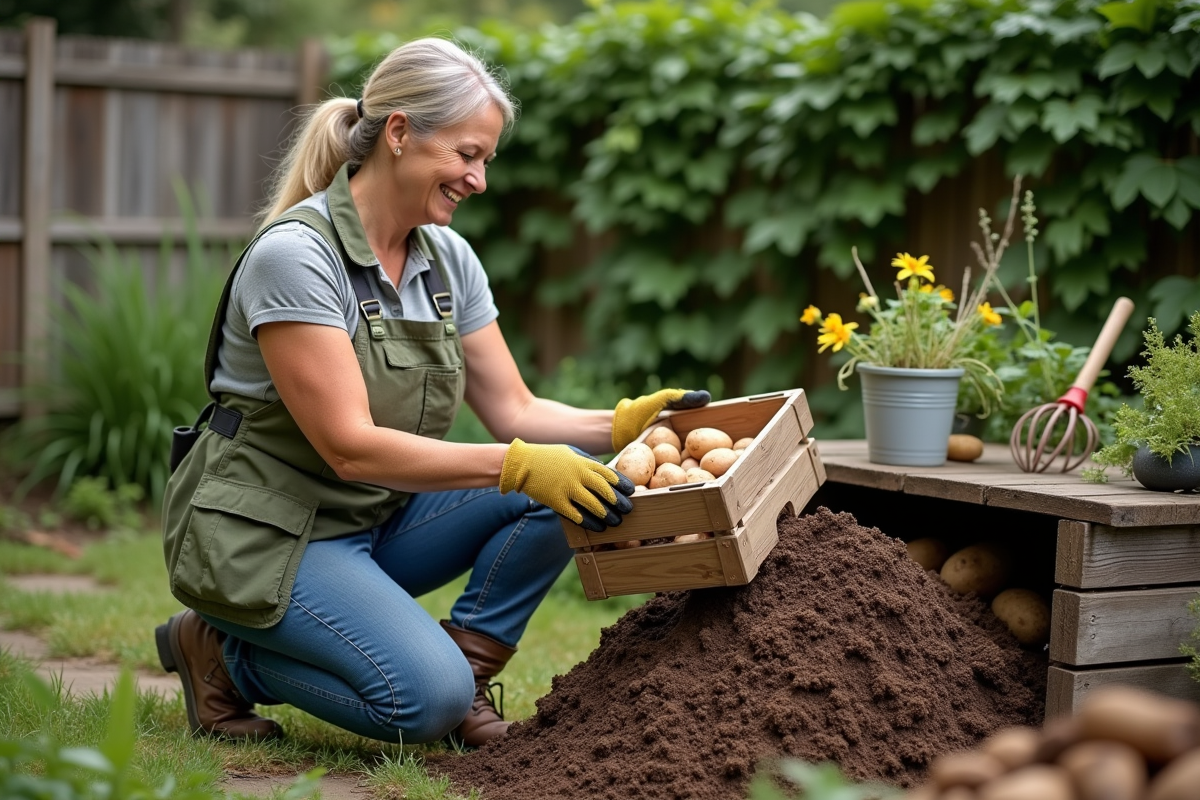Femme jardinant avec composteur et pommes de terre abimées