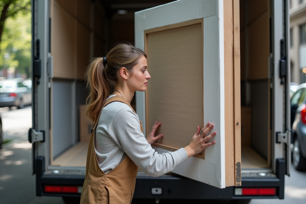 Jeune femme sécurisant une peinture dans un camion de déménagement