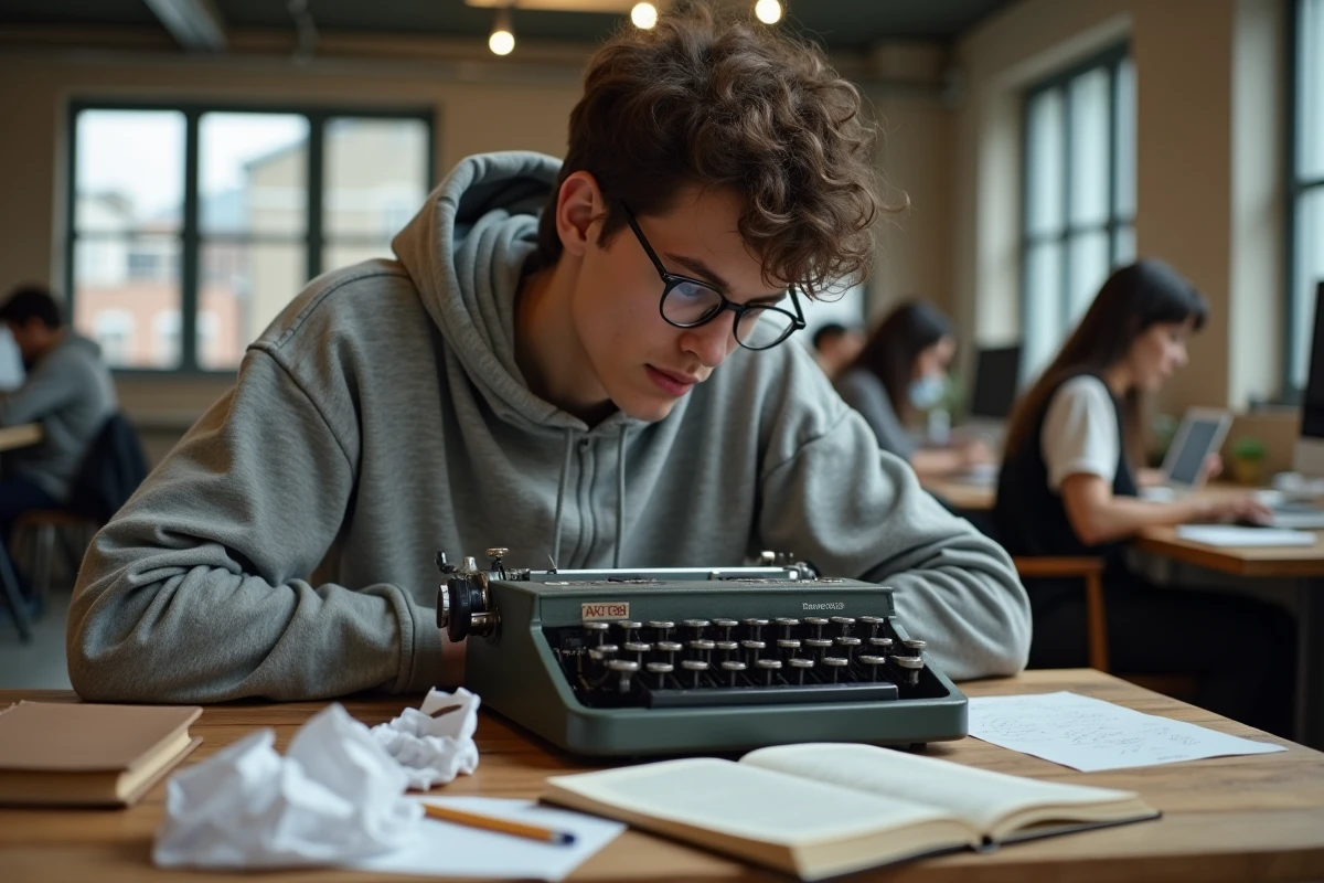Jeune auteur non-binaire concentré sur une machine à écrire Olivetti dans un espace de coworking loft avec atmosphère créative collective