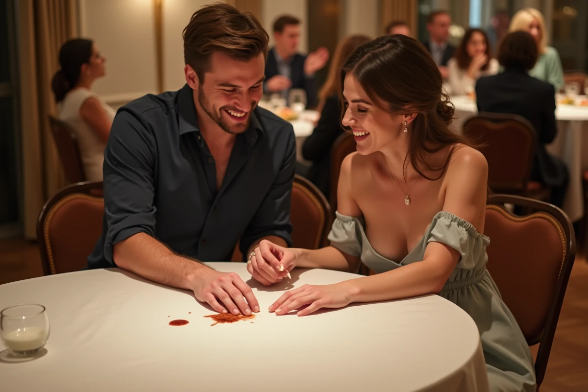 Jeune couple riant en essuyant une nappe moderne lors d