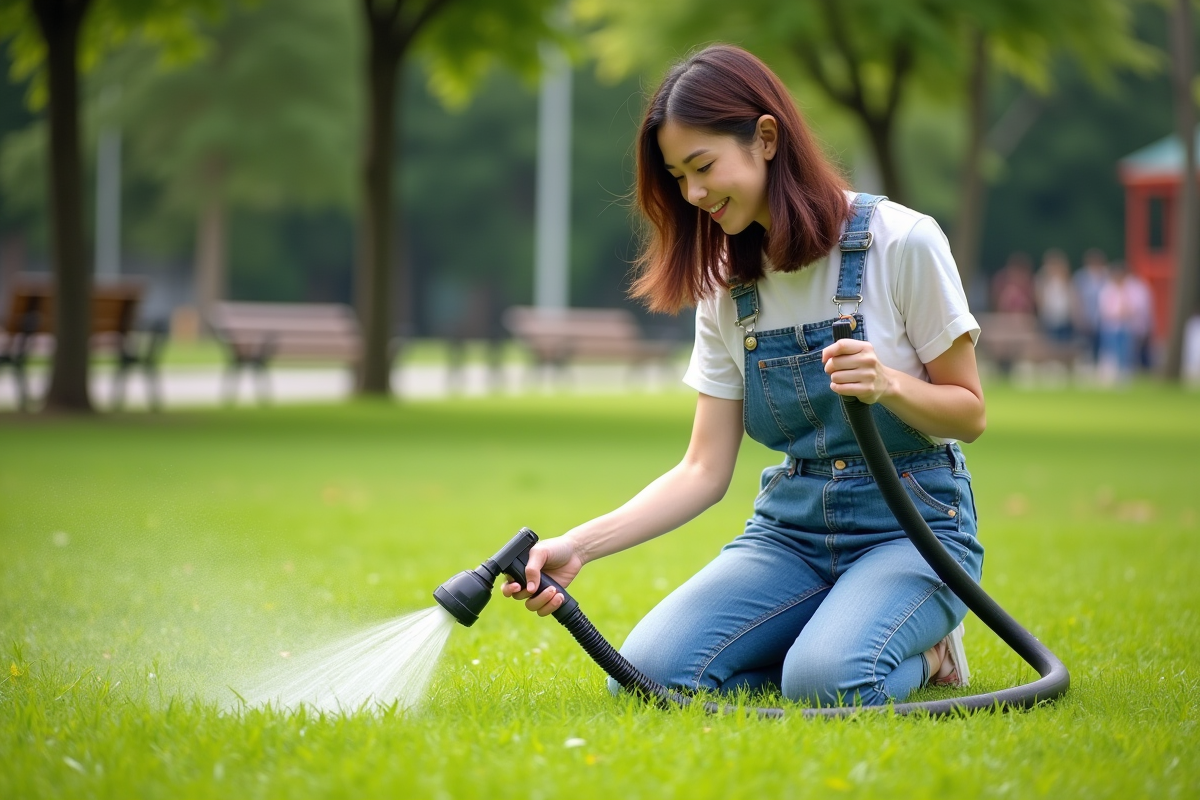 Jeune femme en salopette arrosant la pelouse dans un parc