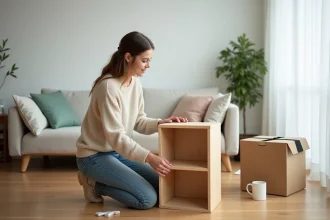 Jeune femme assemble une petite étagère en bois dans un salon